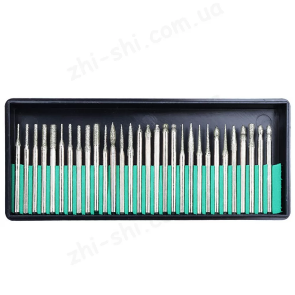 Набір алмазних насадок - 30 шт (фрези, шарошки) для Dremel / гравера - Ø2.35 mm - у коробці - P120